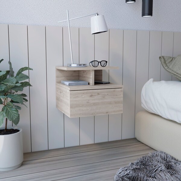 Adele Floating Nightstand With Drawer And Open Storage Shelves- Light Gray